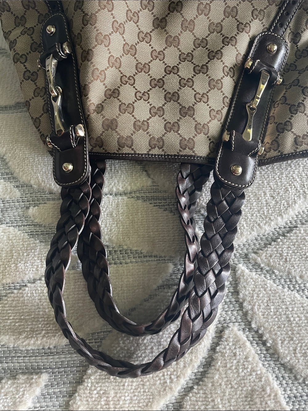 Gucci Brown GG Canvas Shoulder Bag with Braided Dark Brown Handles. Authentic. - Picture 8 of 11